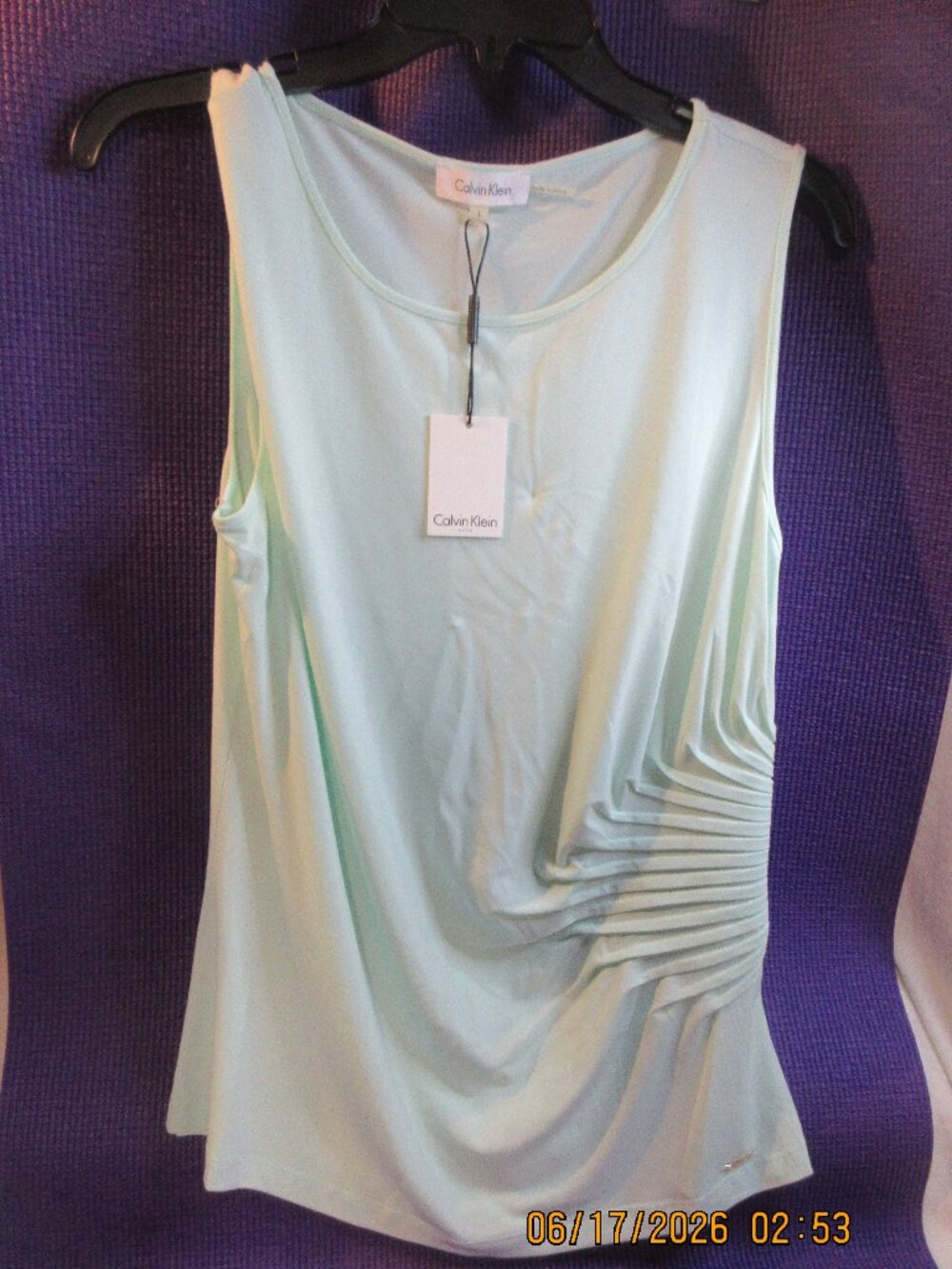 NWT~CALVIN KLEIN~MINT GREEN~WITH STYISH SIDE RUCHED DESIGN SLEEVELESS BLOU